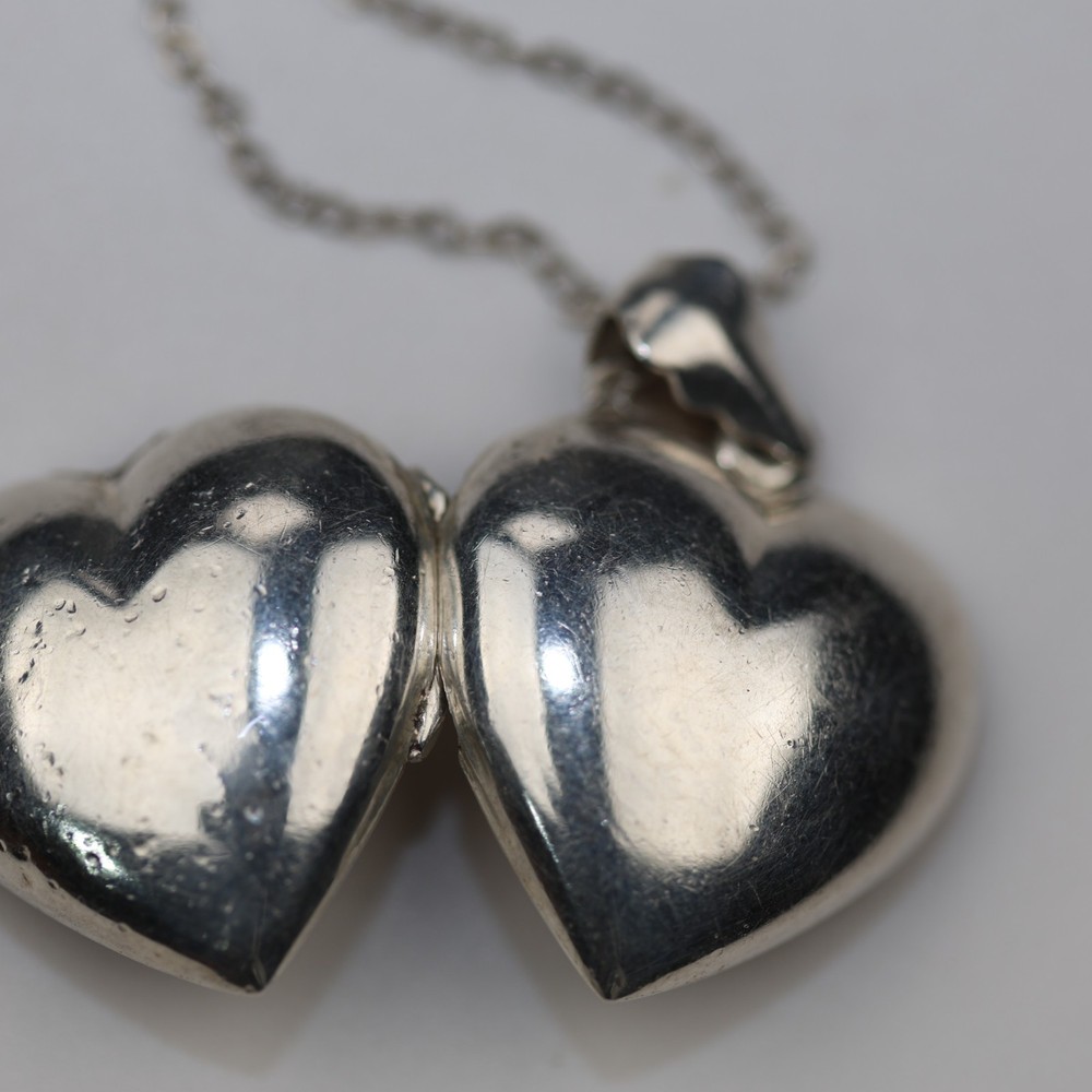 Puffy Heart Locket Pendant Necklace Sterling Silver