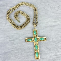 Vintage Whiting Davis Gold Tone Chunky Cross Faux Stones Long Pendant Necklace