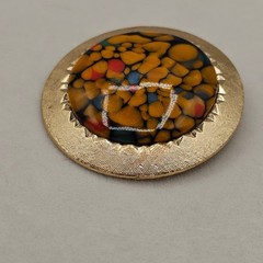 Vintage Round Art Glass Brooch Gold Tone Yellow Multi Color Mosaic MCM Retro Pin