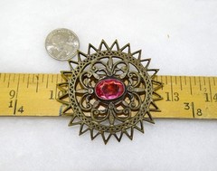 Antique Large Round Brass Sunburst Brooch, Oval Pink Stone, C-clasp