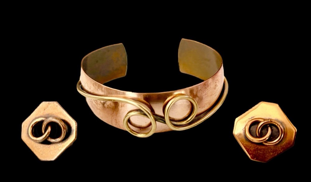 Vintage Modernist Copper & Brass Bracelet | Earrings Set~1950s-60s