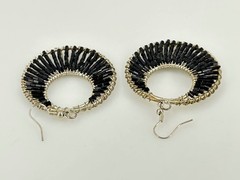 Vintage Wire Wrap Hoop Earrings Silver Tone Black Tube Beads Dangle