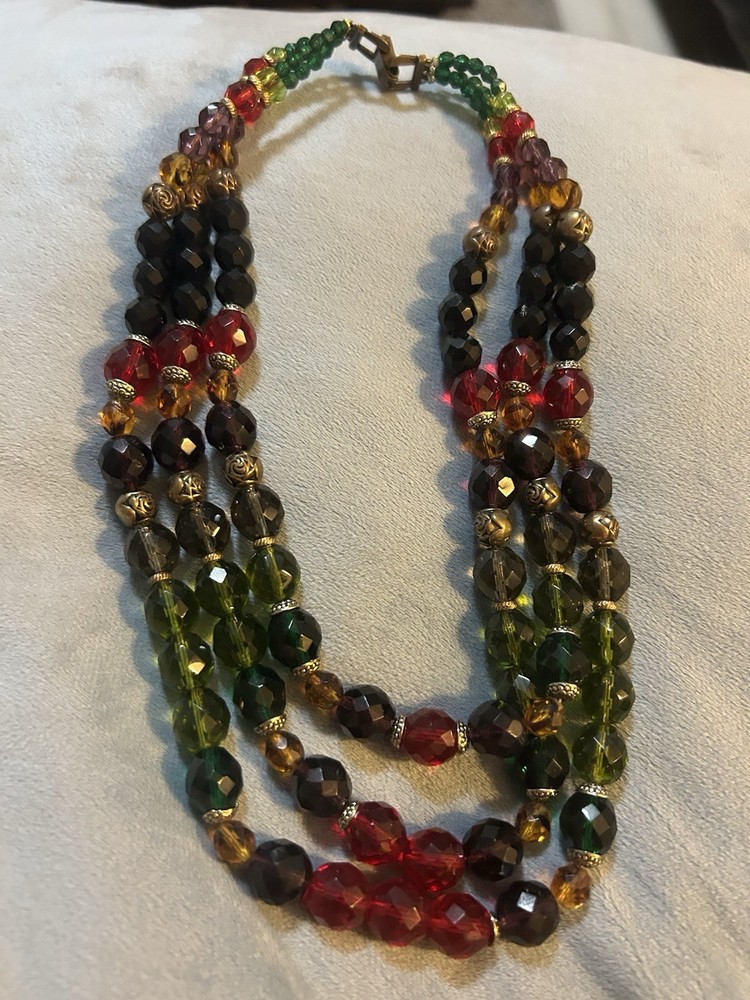 Beautiful Vintage Strung Glass Beaded Multicolor- 3 Strand 17.5in Necklace