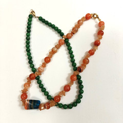 Vintage Lot of Two Beaded Necklaces Green Orange Coral Stones 17″ – 18″ Long