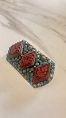 Vintage Nepal Brooch Pin Brass Coral & Turquoise Inlay Tibetan Tribal Jewelry