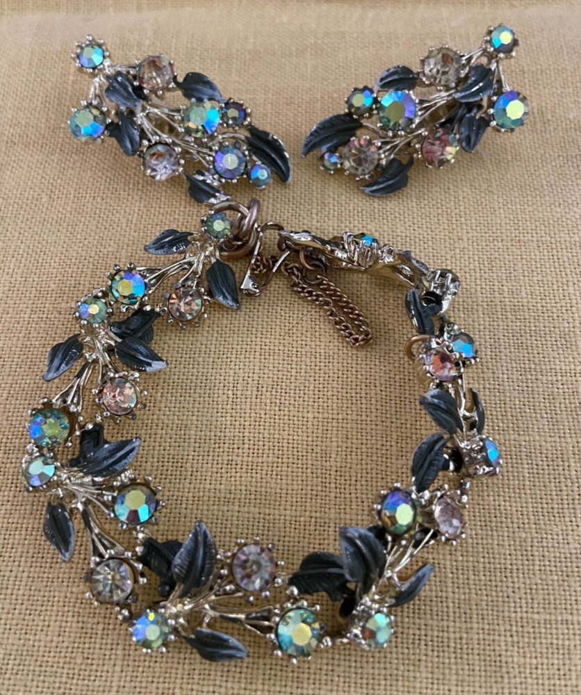 1950-1960s Aurora Borealis glass rhinestone and enamel bracelet & clip earrings
