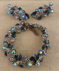 1950-1960s Aurora Borealis glass rhinestone and enamel bracelet & clip earrings