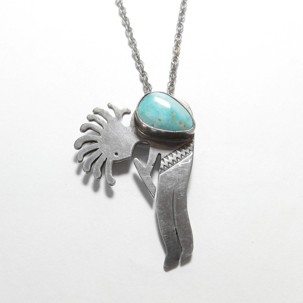 EDDIE CHEE Navajo Sterling Silver 3.00 Ct Natural Turquoise Kokopelli Pendant