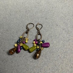 Cluster Dangle Earrings 2.25 In Blue Green Purple Textured Silver Loop Beaded