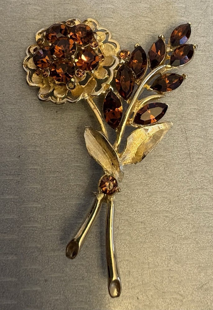 Vintage Signed Weiss Rhinestone Topaz Amber Rhinestone Flower Brooch Leaf Spray