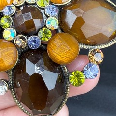 Vintage Rhinestone Brooch Brown Orange Gold Tone READ
