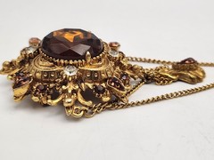 Vintage Florenza Signed Brooch Amber Topaz Rhinestone Gold Tone Chains 3.25″ Lg