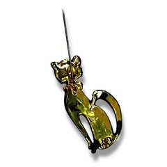 Vintage 2″ Black Cat Pin Brooch Rhinestone Eyes Gold Bow Matte Finish Halloween