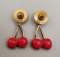 Vintage Liz Claiborne Red Cherry Dangle Earrings Enamel Gold Tone Rhinestone 90s