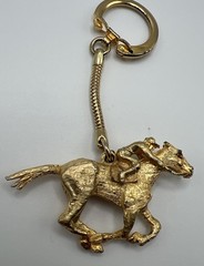 Vintage Edlee Gold Tone Heavy Metal Jockey And Horse Rhinestone Eyes Keychain