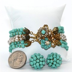 Vintage Signed Miriam Haskell Turquoise Bead Bracelet & Clip On Earrings Set