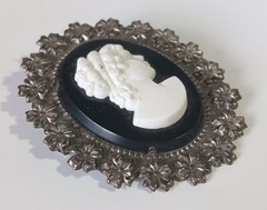 Vintage Celluloid Black, White & Silver Floral Cameo Portrait Brooch