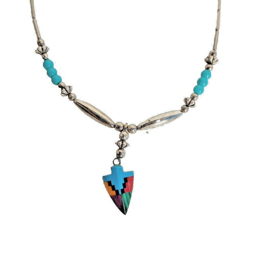 Vintage Southwestern Style Faux Colorful Arrowhead & Silver Tone Beaded Necklace