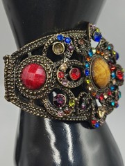 Vintage Red Blue Green Rhinestone Floral Filigree Heart Clamp Bracelet Size 6