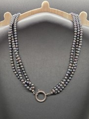 Vtg 3 Strand Purple Dark Grey Opalescent Pearl Necklace Sterling Silver Clasp 24