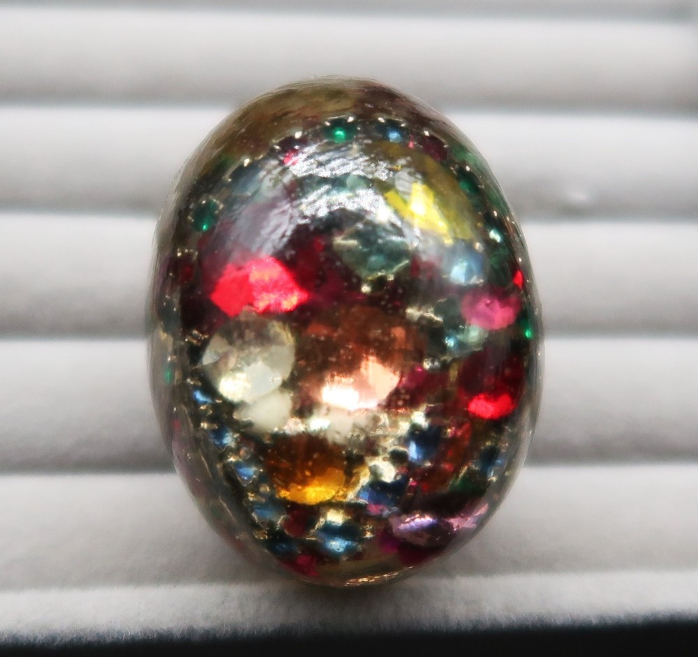 Vtg Domed Confetti Gold Tone Acrylic Resin Artist Made Adjustible Ring Fireworks