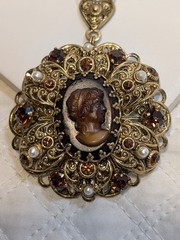 Vintage Victorian Revival Cameo Necklace Amber Rhinestones Filigree box clasp