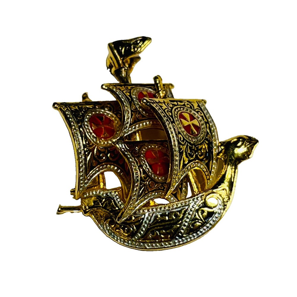 Vintage Spanish Damascene Ship Brooch – Spain – Gold Tone & Red Enamel 1.5”