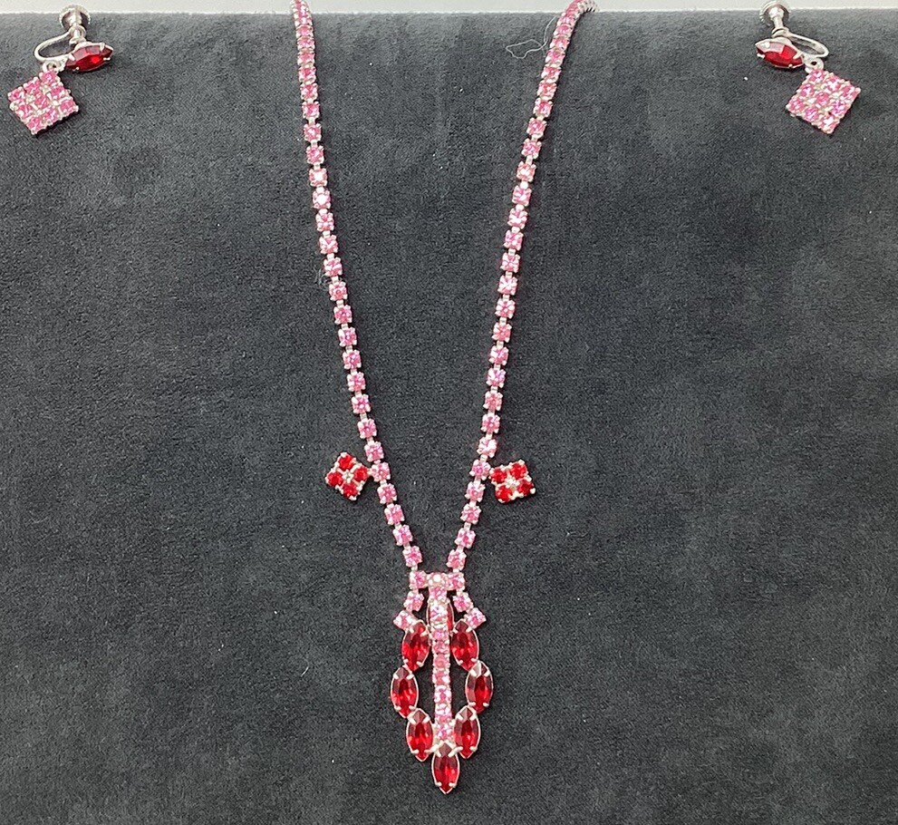 Vintage Pink And Red Rhinestone 16” Necklace Set With Earrings