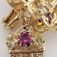 1950s Earrings Chain Tassel Filigree Gold Tone Pink Green Rhinestones Retro Glam