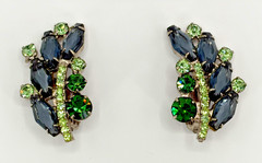 JULIANA Blue Hexagon Rhinestone Earrings Cast Stem Green Chatons Ref #3698