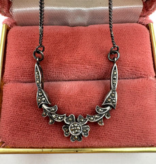 ART NOUVEAU FLORAL STERLING SILVER VINTAGE CHAIN NECKLACE 16.5″ L FLOWER CHOKER