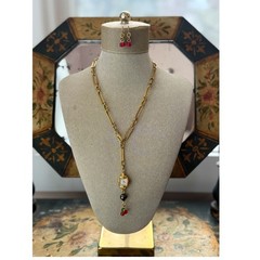 Victorian Raw Brass Necklace w/ Vintage Watch & Cherry Earrings Set