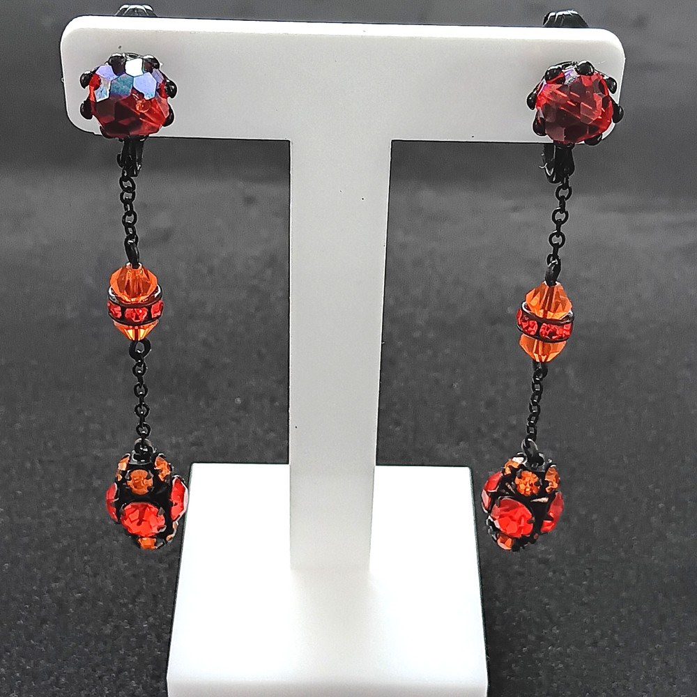 Stunning Japanned Hinged Clip On Earrings with Aurora Borialis AB Crystal