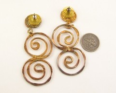 SPIRAL DANGLE EARRINGS Vintage Pierced Post Goldtone Handcrafted Tolarams 2 5/8″