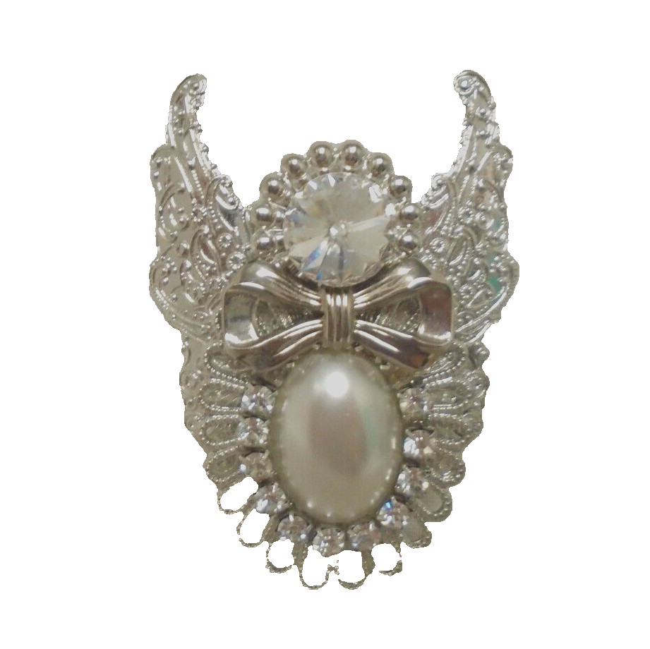 ANGELS OF LOVE 1996 SIGNED JANE FAUX PEARL CRYSTAL RHINESTONE SILVER TONE BROOCH