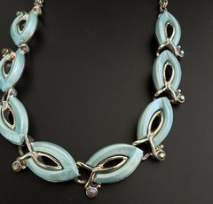 Aqua Blue Thermoset Lucite Choker Necklace Rhinestone Silver Tone Vintage 1950s