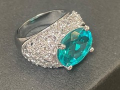 925 Sterling Silver vintage cocktail ring .5” aquamarine Ring 8 ornate MCM domed