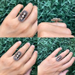 Antique Circa 1900s 18k Gold Natural Diamond Decorated Navette Ring