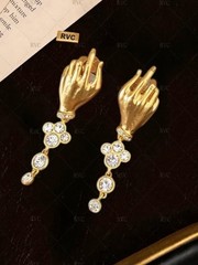 Schiaparelli Gold Hand Crystal Drop Dangle Stud Earrings Surrealist Art Jewelry