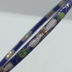 VTG CHINESE EXPORT CLOISONNE COBALT BLUE ENAMEL BANGLE BRACELET PINK FLOWERS