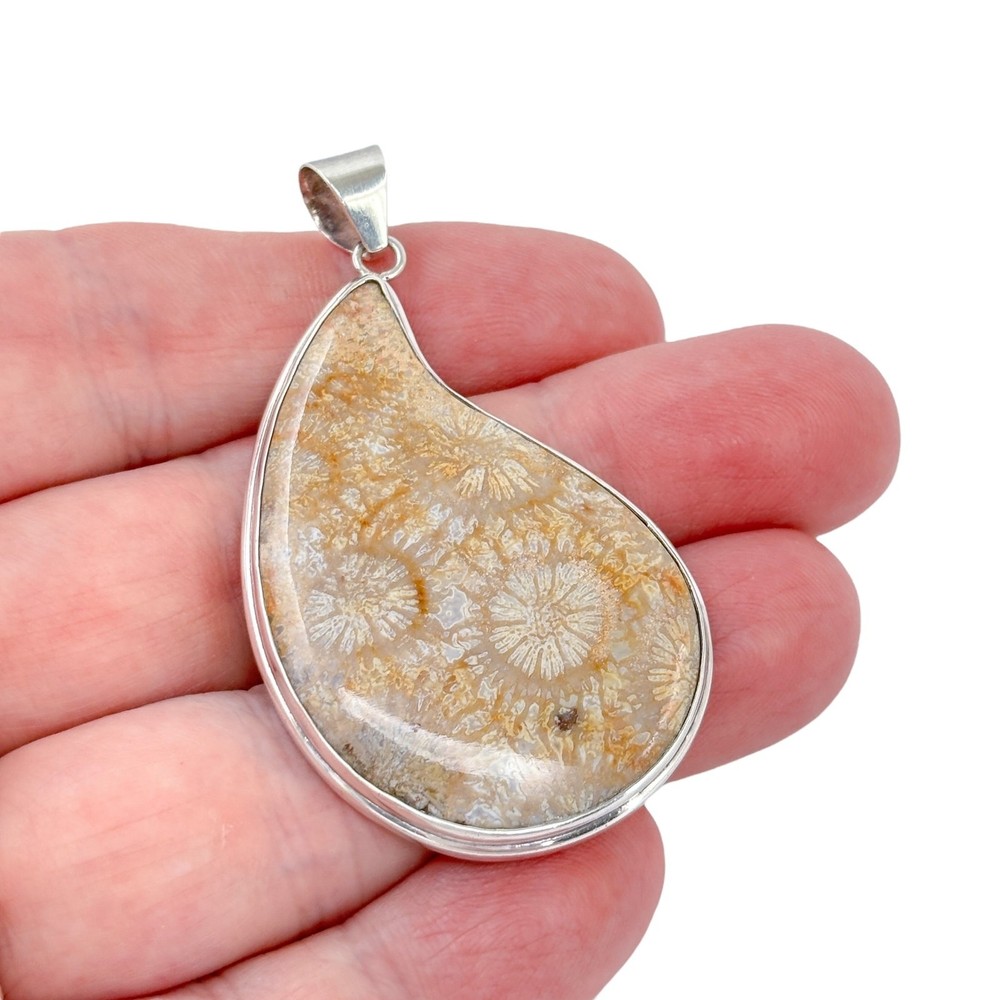 Coral Fossil Pendant | Teardrop Stone Setting | Sterling Silver 925