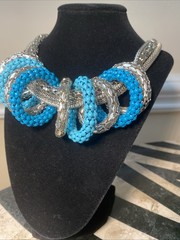 Vintage Graziano Mesh Chain Runway Necklace Estate Jewelry Statement Blue Enamel