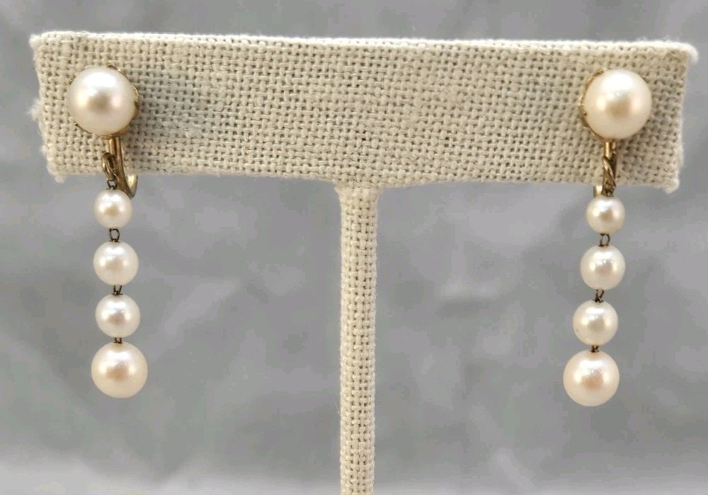 Genuine Pearl Graduated Beaded H.G. G.F. Screw Back Vintage Dangle Earrings