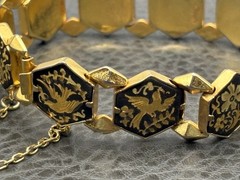 Vintage Damascene Gold Plated Hexagon Black Enamel Phoenix Bird Bracelet 7.25”