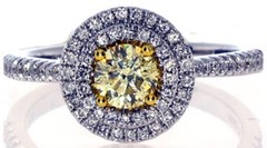 .99CT WHITE & FANCY YELLOW DIAMOND 18KT 2 TONE GOLD DOUBLE HALO ENGAGEMENT RING