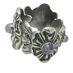 1930’s Wide Mexico City Amethyst Repoussé Sterling Silver Floral Bracelet