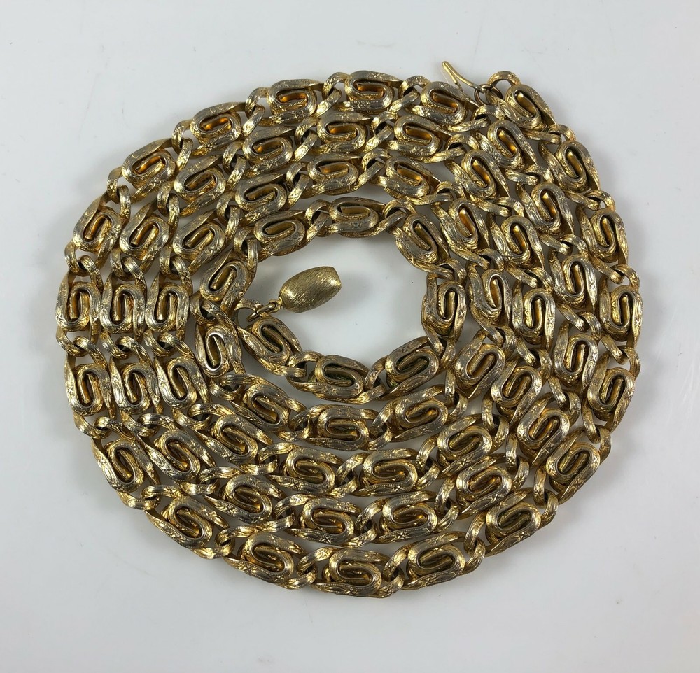 Vintage Gold Toned Reversible Two Sided Unusual Snake Links Long Chain Necklace