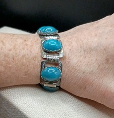 Vintage Silver Tone Etched Panel Bracelet Chunky Blue Faux Stone Statement 6.75”