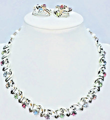 RARE Arthur Pepper ART SIGNED Rhinestone 14.5″ Necklace Enamel W/ Clip Earrings