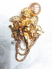 Kirks Folly Brooch Pin Seaview Angel Moon Cupid Cherub Rhinestones Gold Tone Vtg